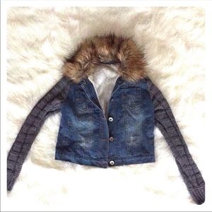 Denim jacket with sweater arms.  S-M.